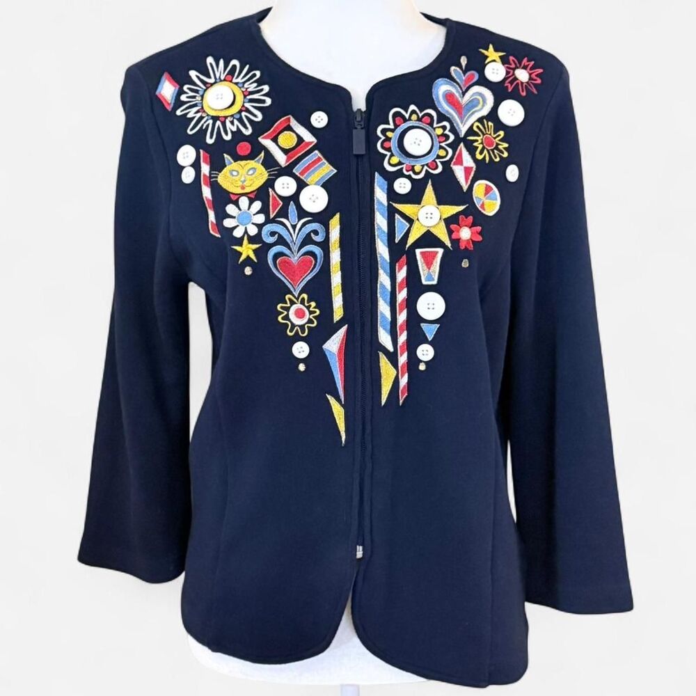 Bob Mackie Embroidered Cat Hearts Starts Sun Sweater with 3/4 sleeves